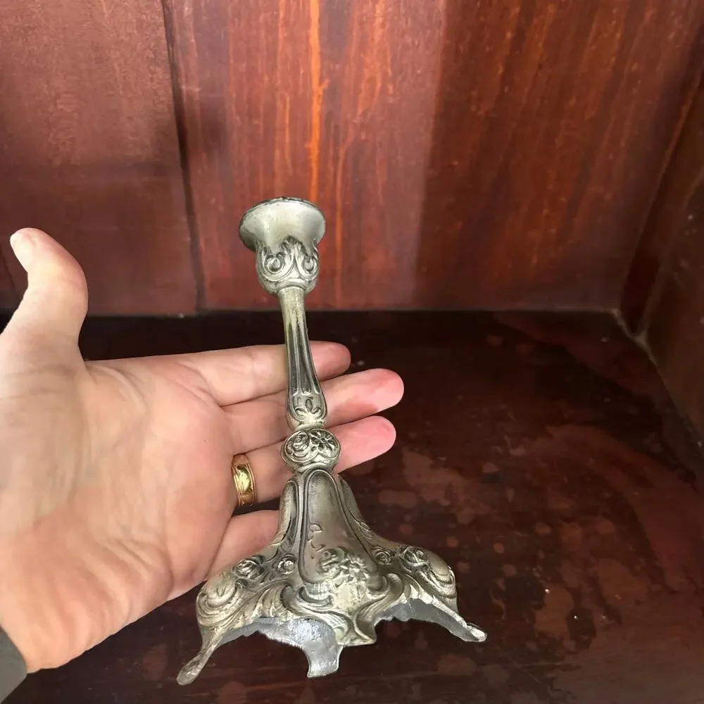 Vintage Ornate Silver Toned Candlestick 6.5 inches Art Decor, Shabby Chic, MCM